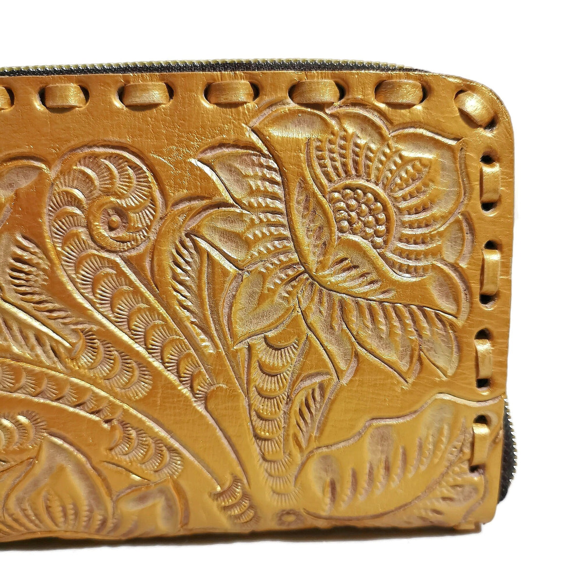 Hand Tooled Leather Wallet for Women Golden Boho Floral, Zippered Card Holder