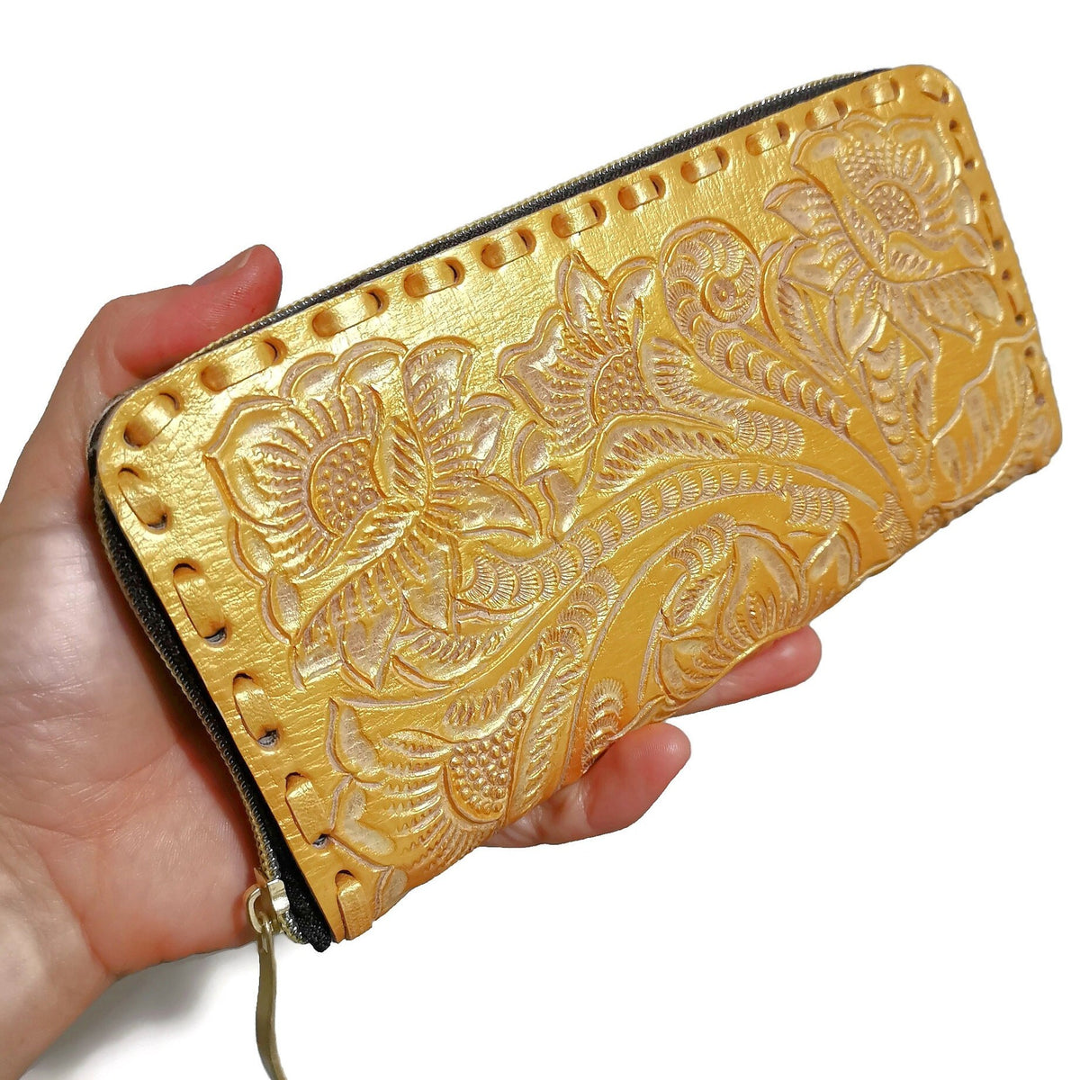Hand Tooled Leather Wallet for Women Golden Boho Floral, Zippered Card Holder