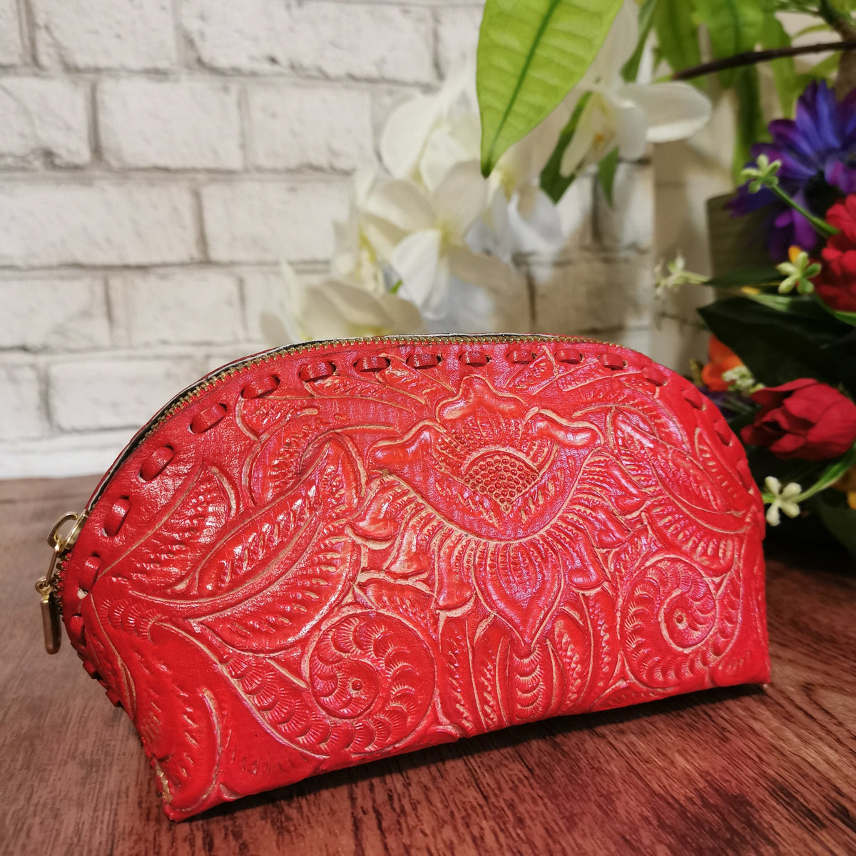 Handmade Red Leather Cosmetic Bag: Tooled Floral Makeup Pouch