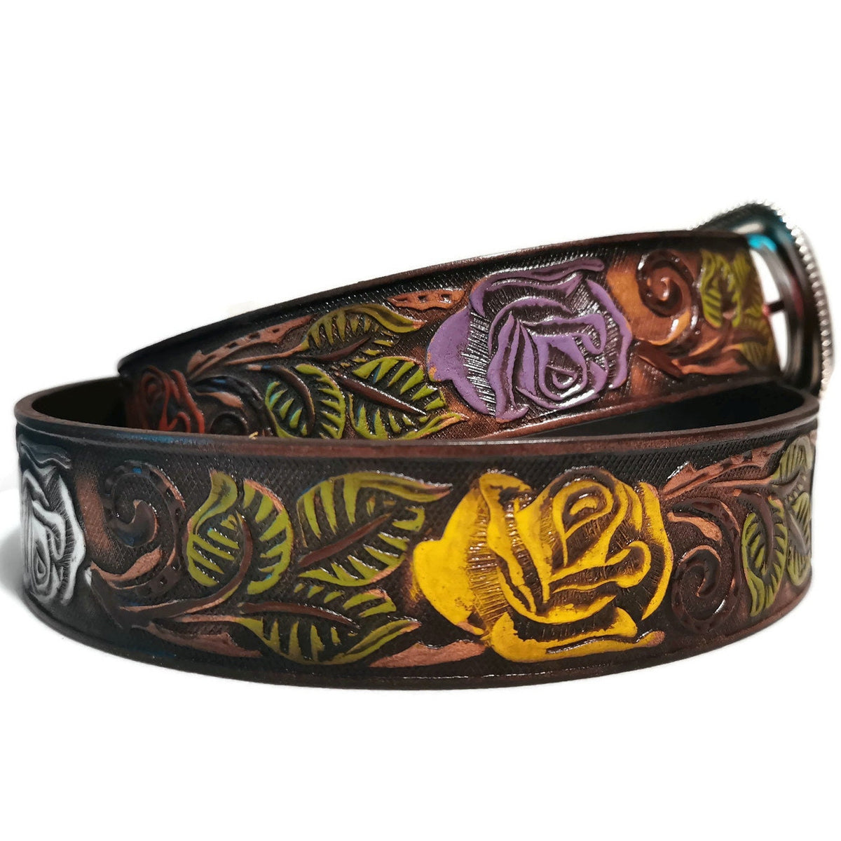 Personalized Brown Leather Belt For Women Roses Embossed, Boho Bohemian