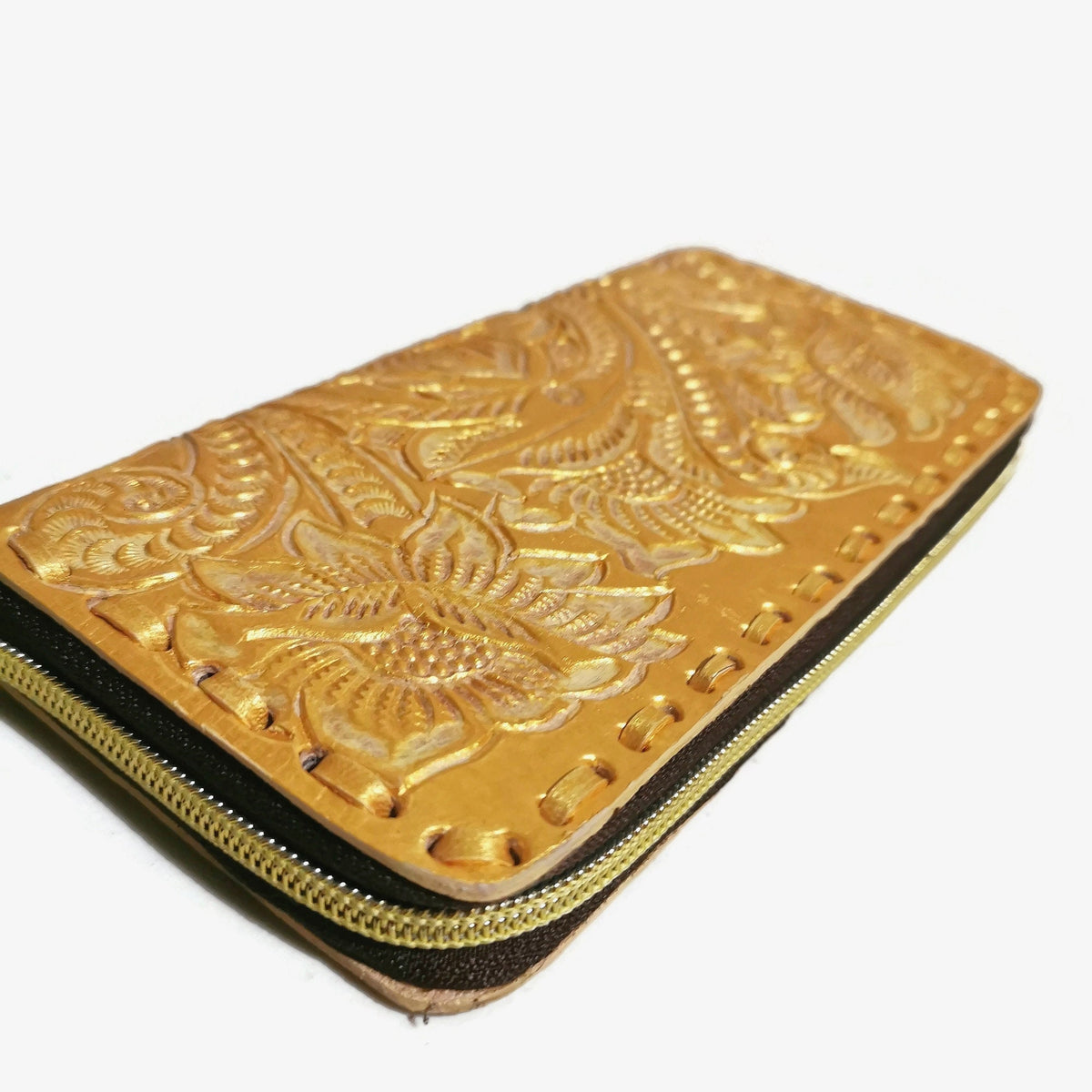 Hand Tooled Leather Wallet for Women Golden Boho Floral, Zippered Card Holder