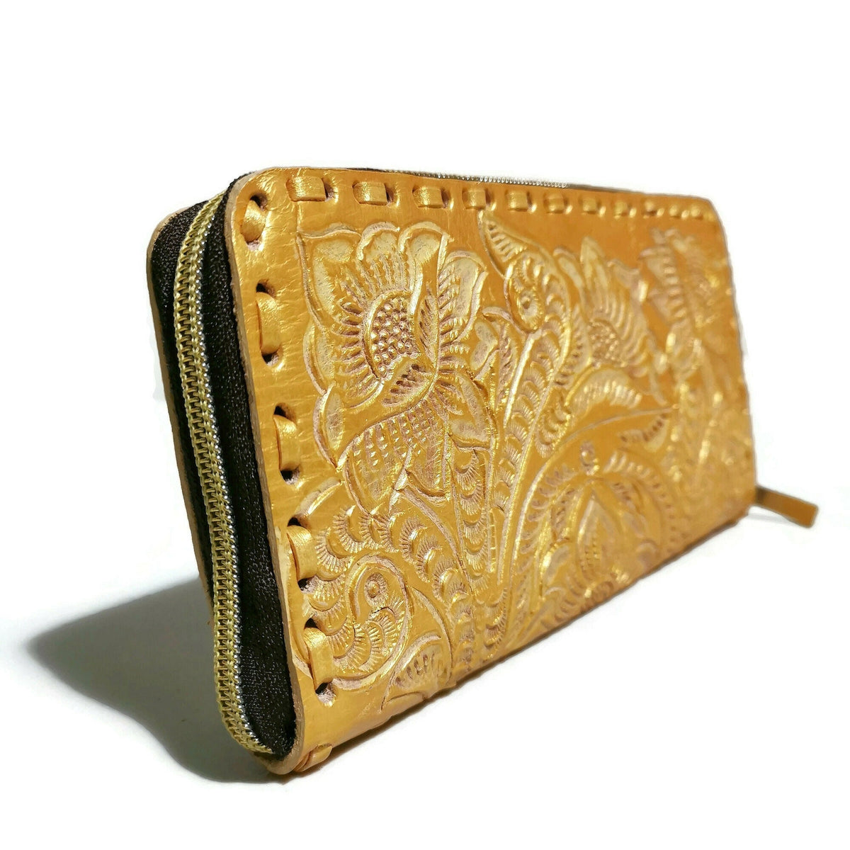 Hand Tooled Leather Wallet for Women Golden Boho Floral, Zippered Card Holder