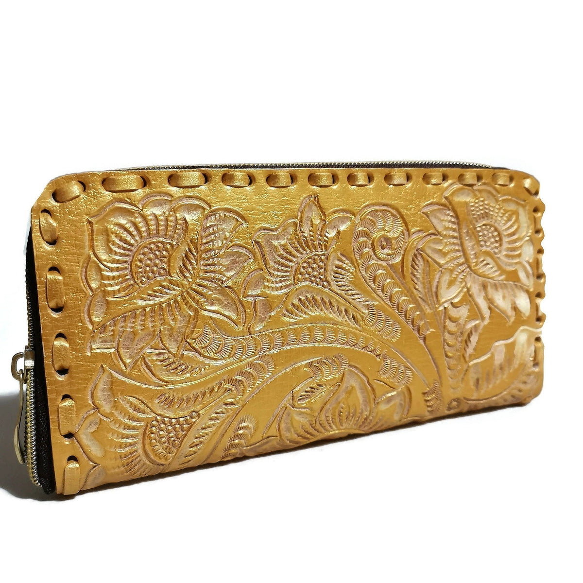 Hand Tooled Leather Wallet for Women Golden Boho Floral, Zippered Card Holder