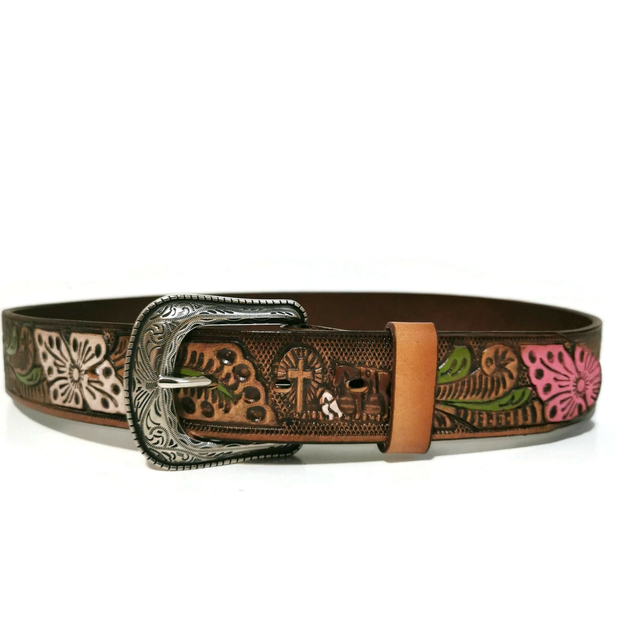 Personalized Brown Leather Rodeo Belt for Women: Embossed Cowgirl Bohemian Style