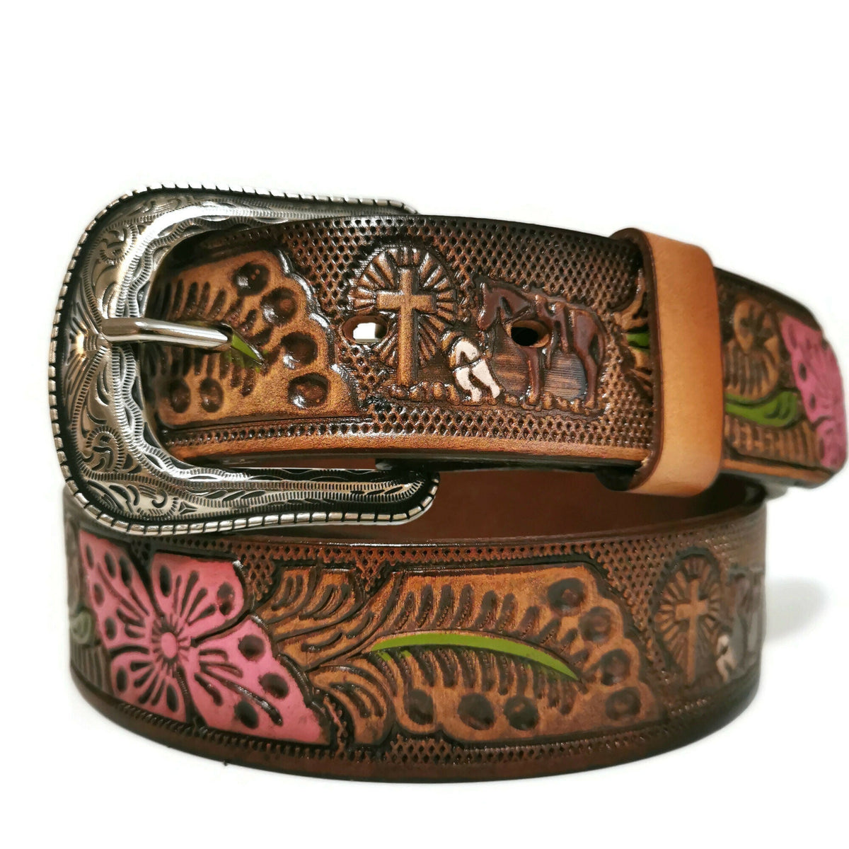 Personalized Brown Leather Rodeo Belt for Women: Embossed Cowgirl Bohemian Style