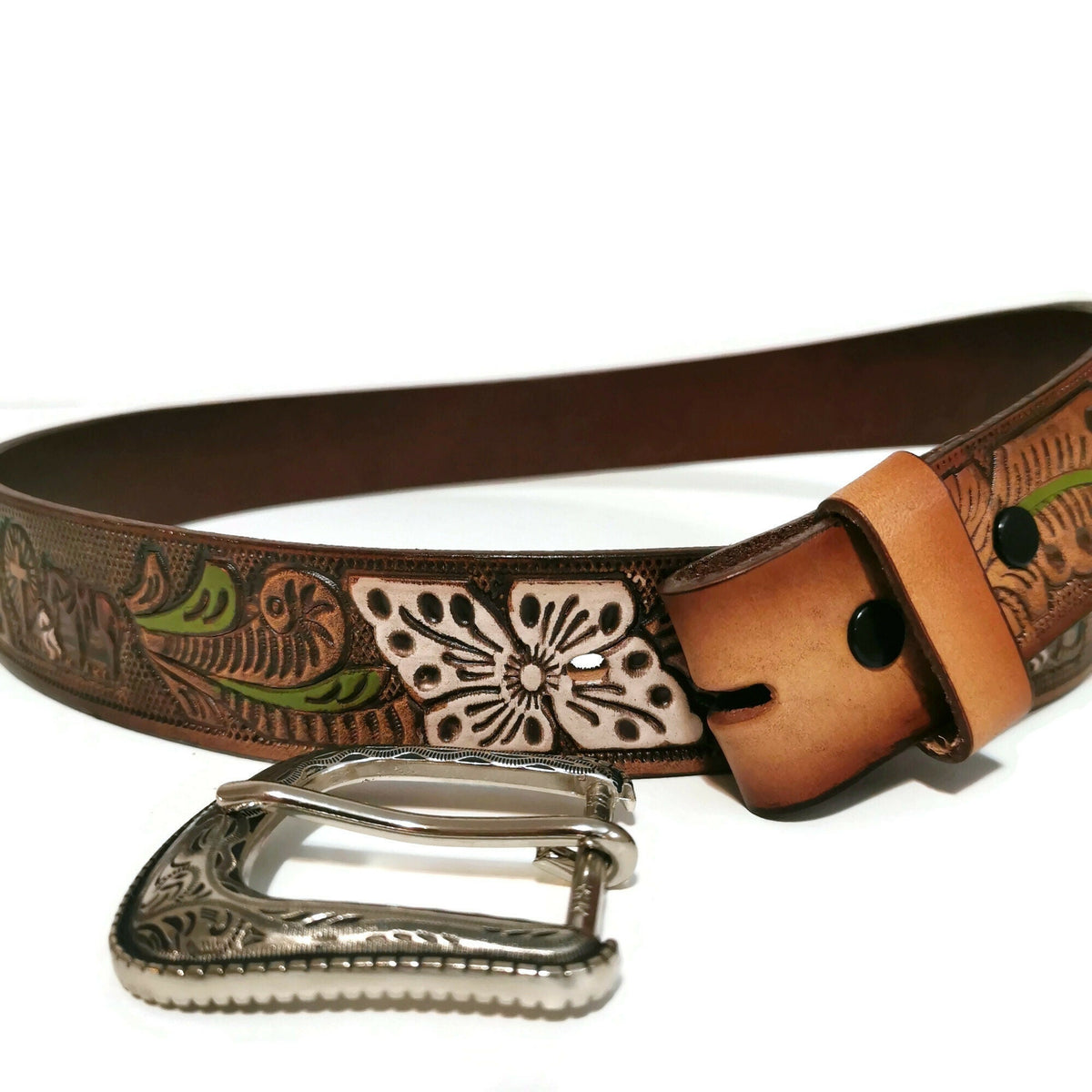 Personalized Brown Leather Rodeo Belt for Women: Embossed Cowgirl Bohemian Style