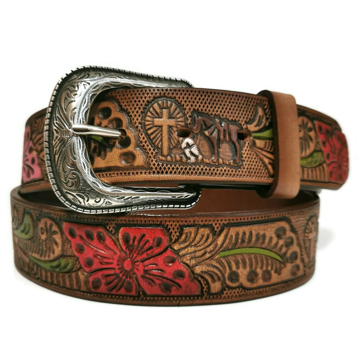 Personalized Brown Leather Rodeo Belt for Women: Embossed Cowgirl Bohemian Style