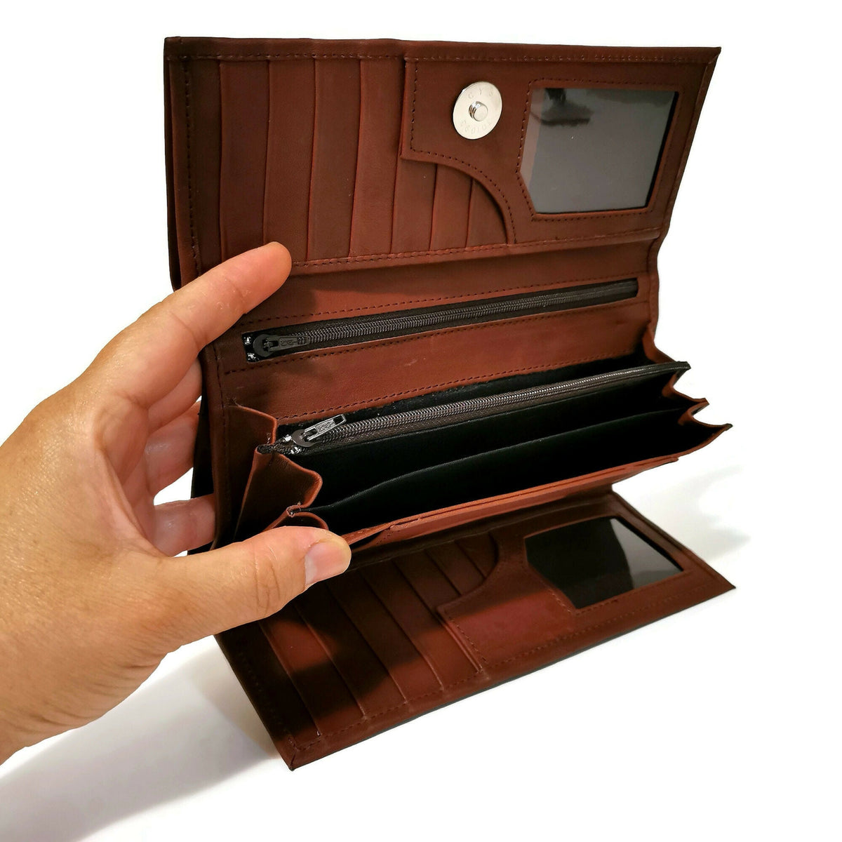 Large Leather Women's Wallet for Cards, Brown, Zipper, Multiple Compartments