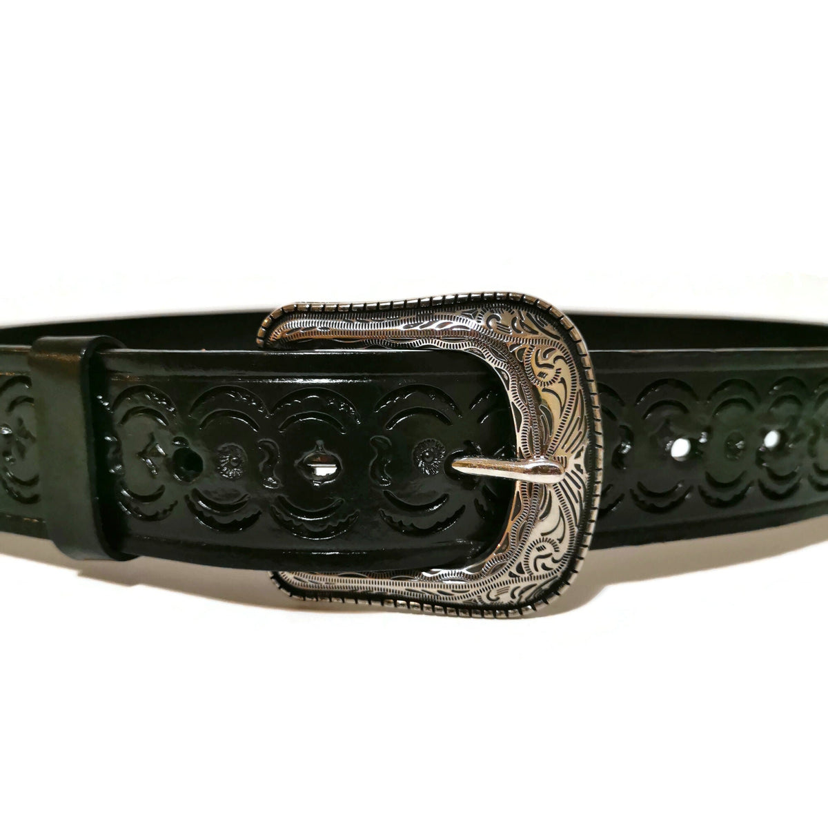 Black Hand Tooled Leather Belt Western Rodeo Cowboy Style For Men