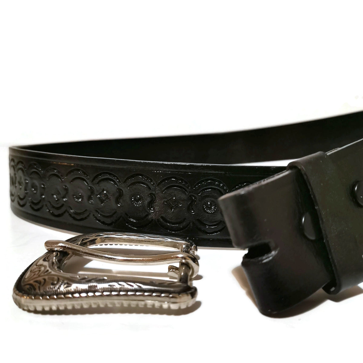Black Hand Tooled Leather Belt Western Rodeo Cowboy Style For Men