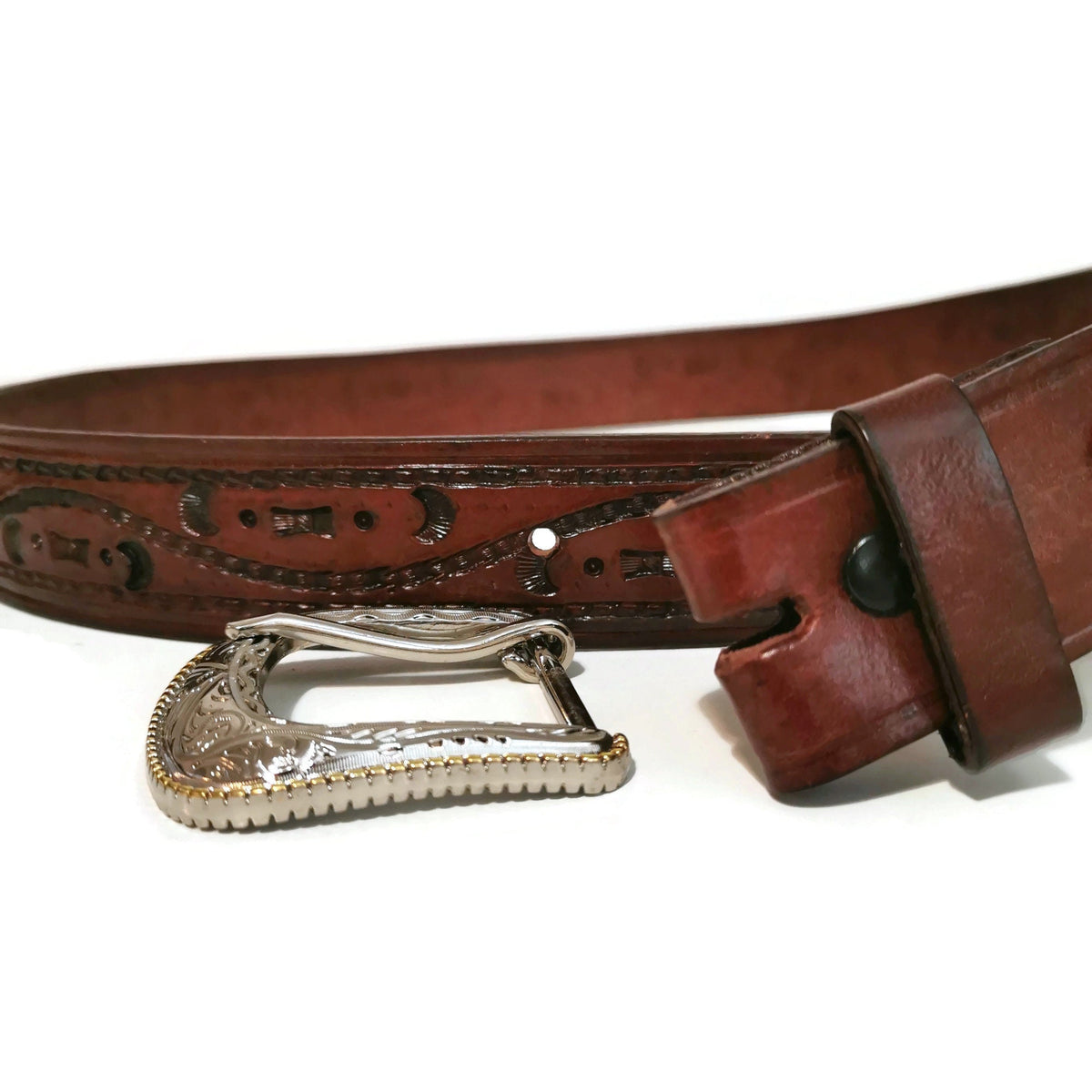 Brown Western Leather Belt for Men Hand Tooled Cowboy Rodeo Belt