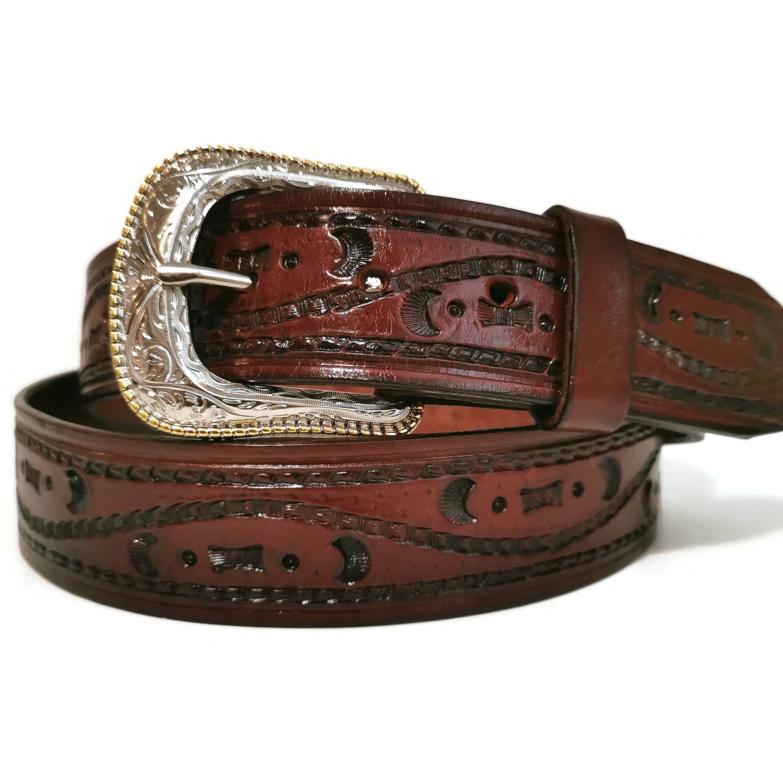 Brown Western Leather Belt for Men Hand Tooled Cowboy Rodeo Belt