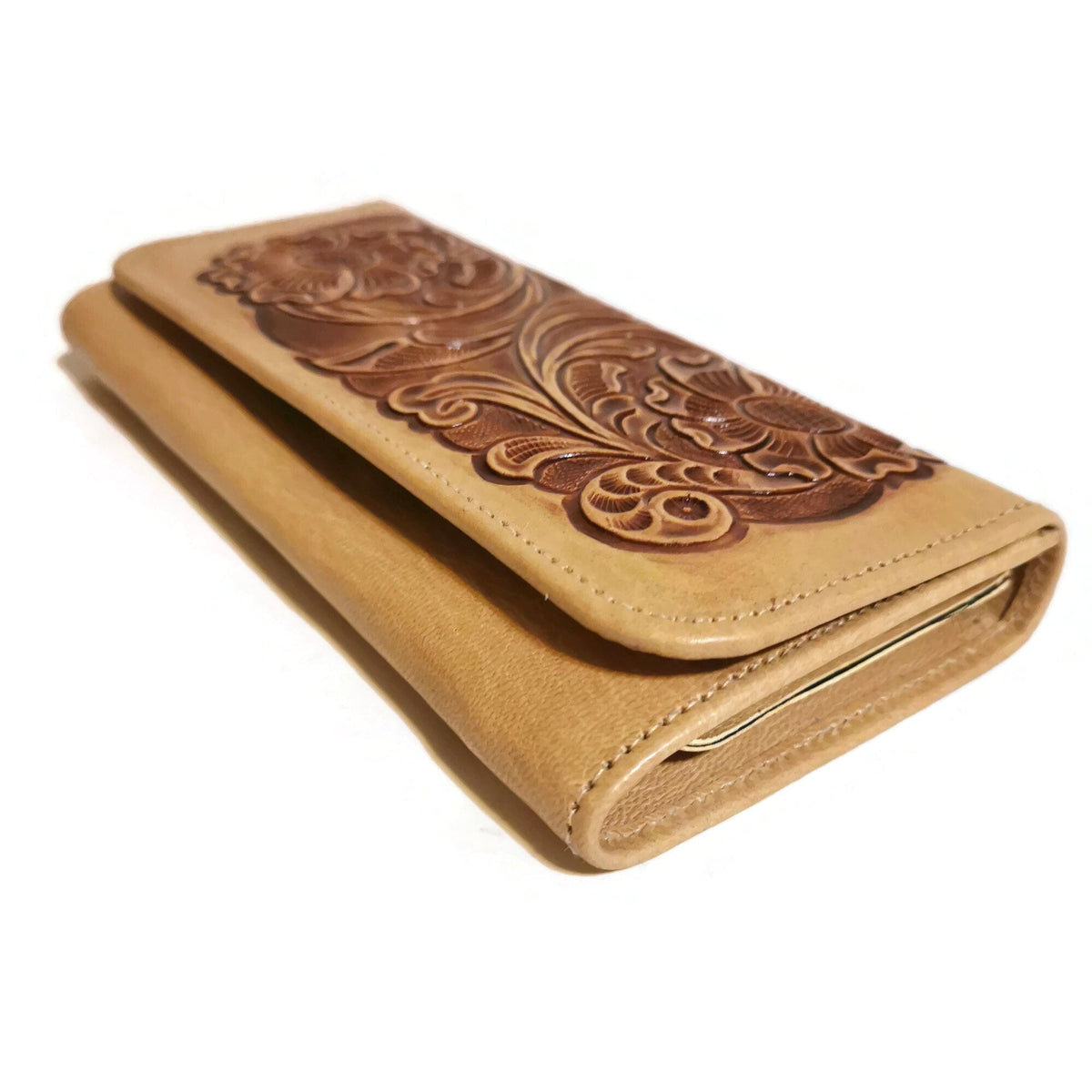Floral Embossed Leather Wallet for Women, For Cards, With Zipper, Boho Bohemian