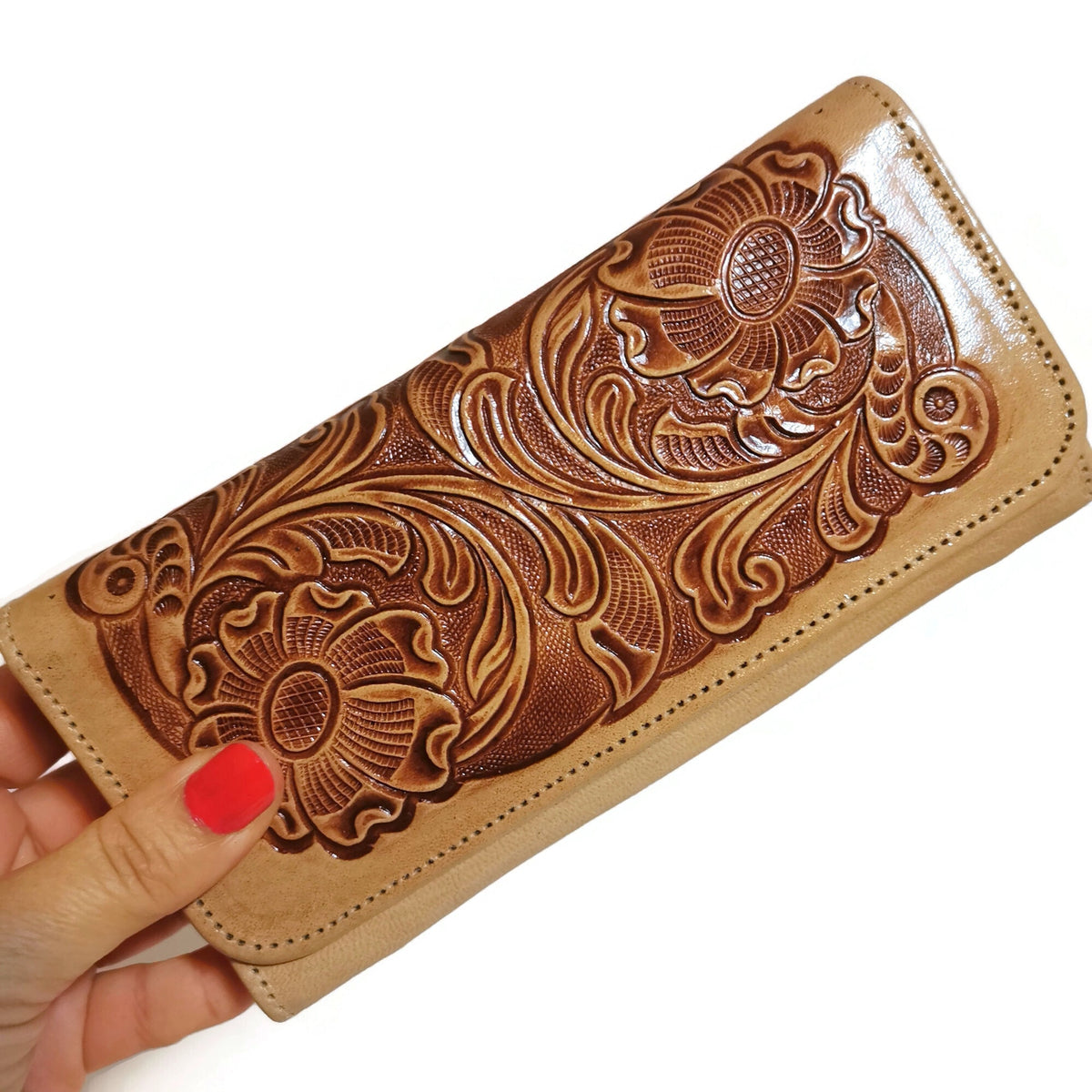 Floral Embossed Leather Wallet for Women, For Cards, With Zipper, Boho Bohemian