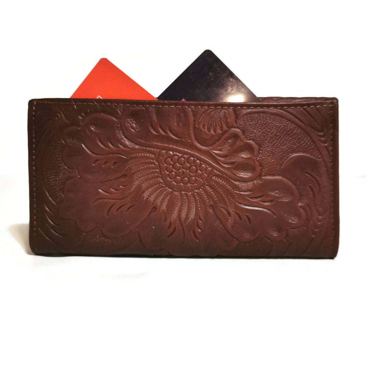 Large Leather Wallet for Women, Brown,  Floral Embossed, For Cards, Bohemian