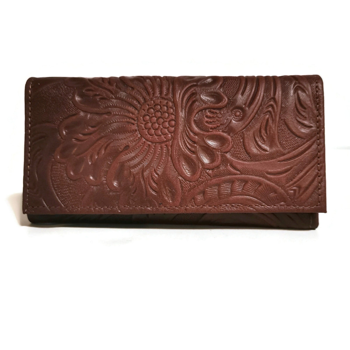 Large Leather Wallet for Women, Brown,  Floral Embossed, For Cards, Bohemian