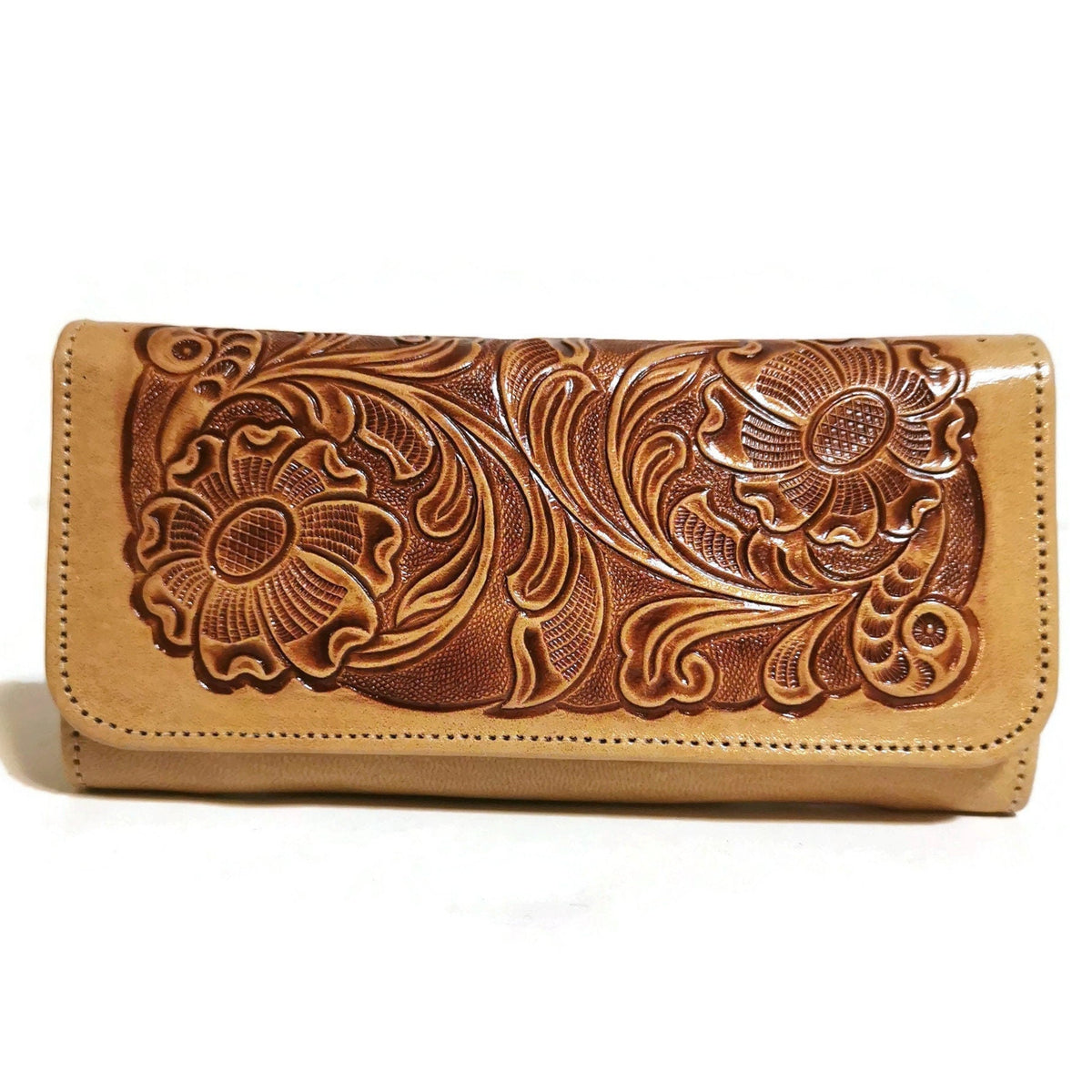 Floral Embossed Leather Wallet for Women, For Cards, With Zipper, Boho Bohemian