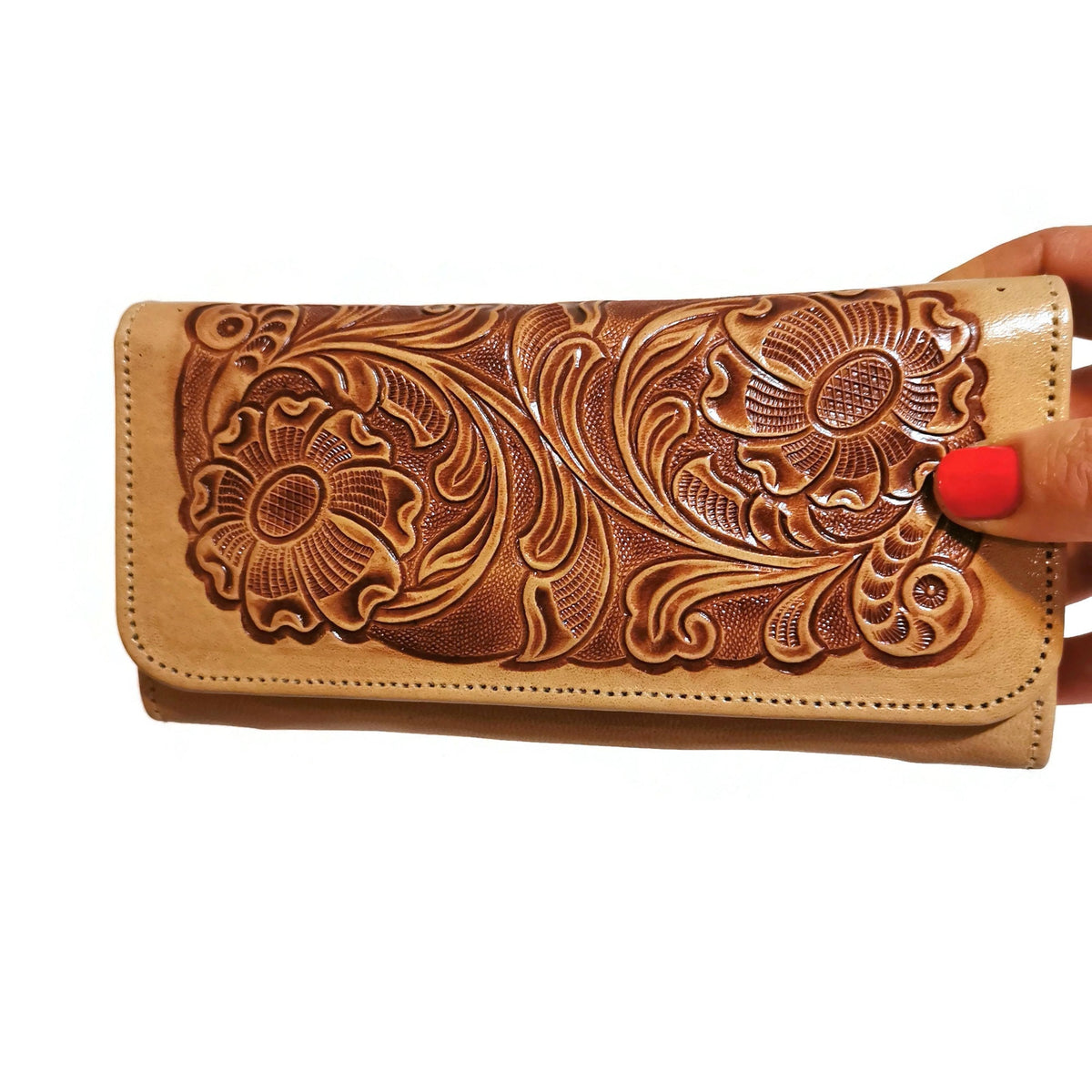 Floral Embossed Leather Wallet for Women, For Cards, With Zipper, Boho Bohemian