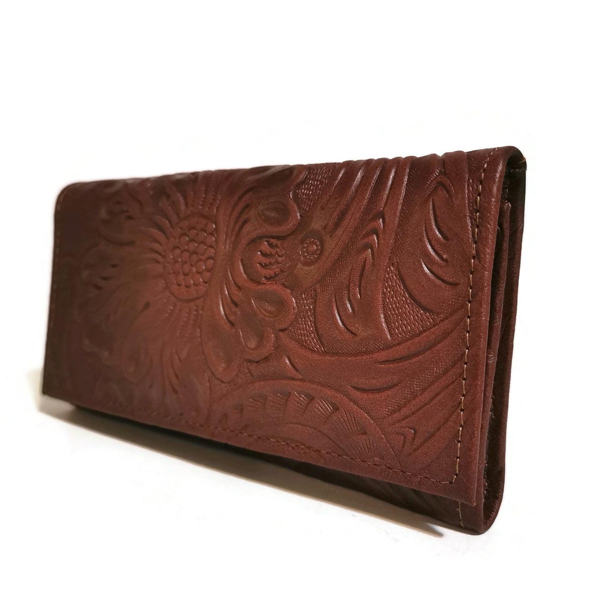 Large Leather Wallet for Women, Brown,  Floral Embossed, For Cards, Bohemian