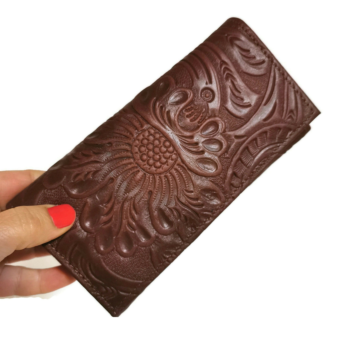 Large Leather Wallet for Women, Brown,  Floral Embossed, For Cards, Bohemian