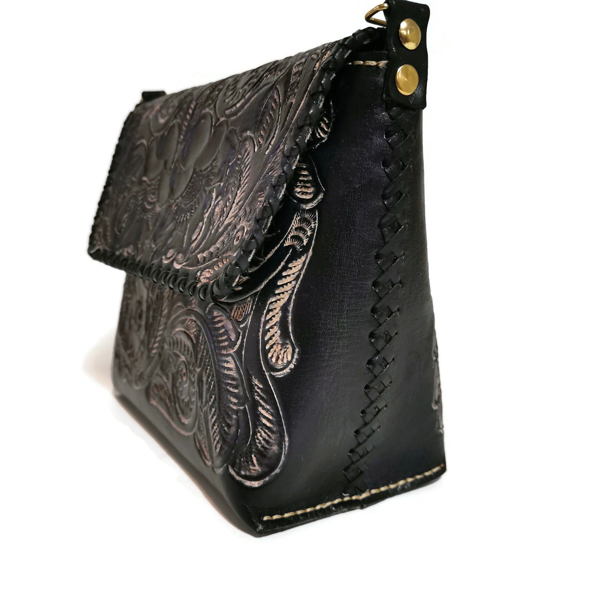 Hand-Tooled Leather Shoulder Bag: Brown Cowhide Purse