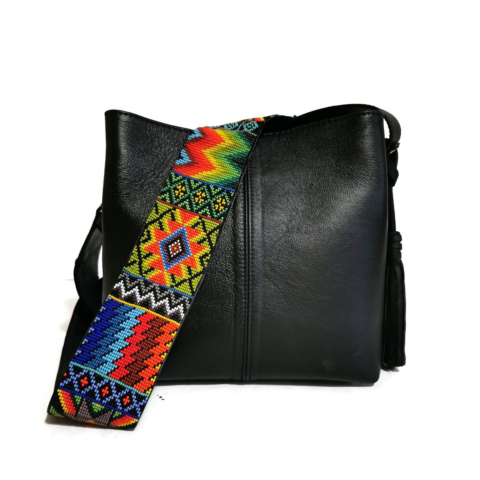 Black Leather Shoulder Bag for Women Artisanal Beaded Strap, Bohemian Style