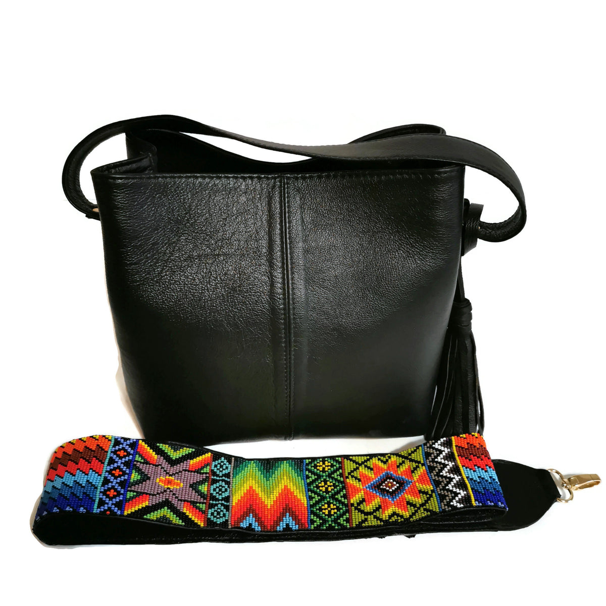Black Leather Shoulder Bag for Women Artisanal Beaded Strap, Bohemian Style