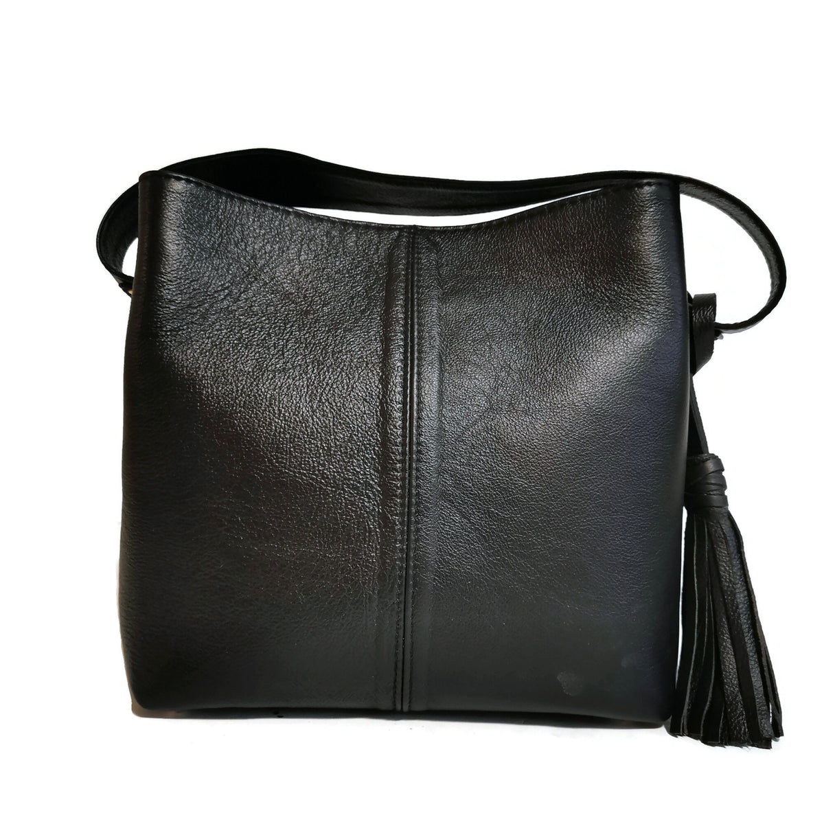 Black Leather Shoulder Bag for Women Artisanal Beaded Strap, Bohemian Style