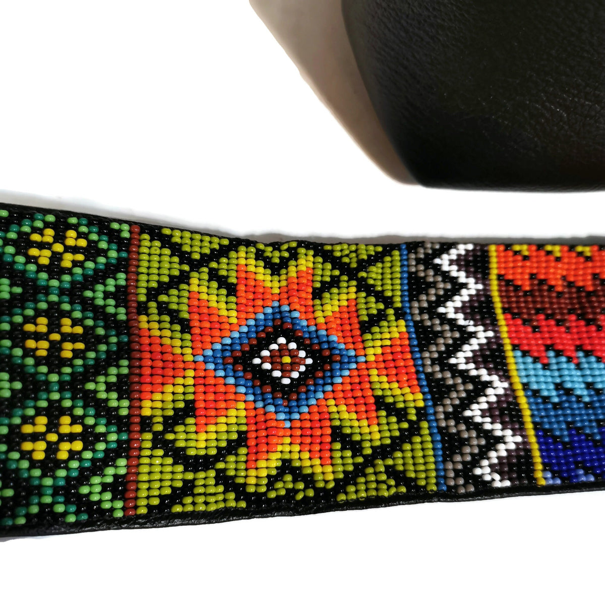 Black Leather Shoulder Bag for Women Artisanal Beaded Strap, Bohemian Style