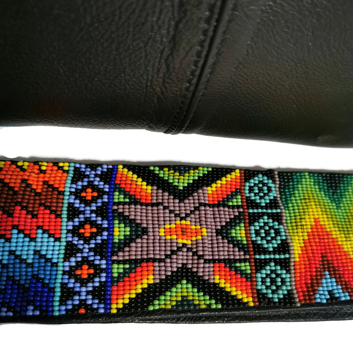 Black Leather Shoulder Bag for Women Artisanal Beaded Strap, Bohemian Style