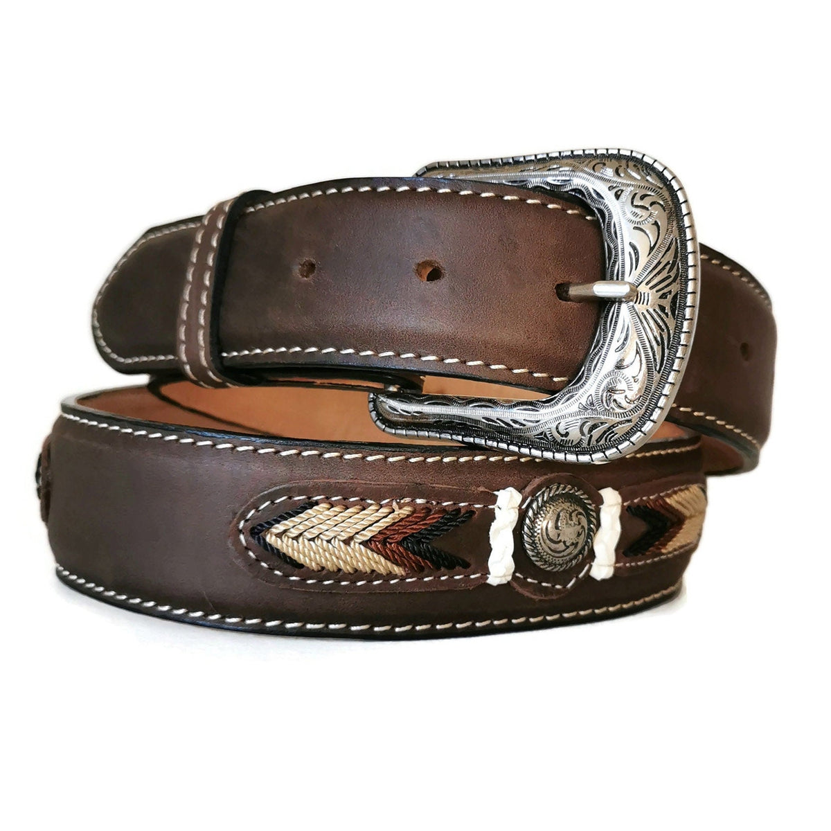 Brown Western Leather Belt: Cowboy Rodeo Style with Removable Buckle