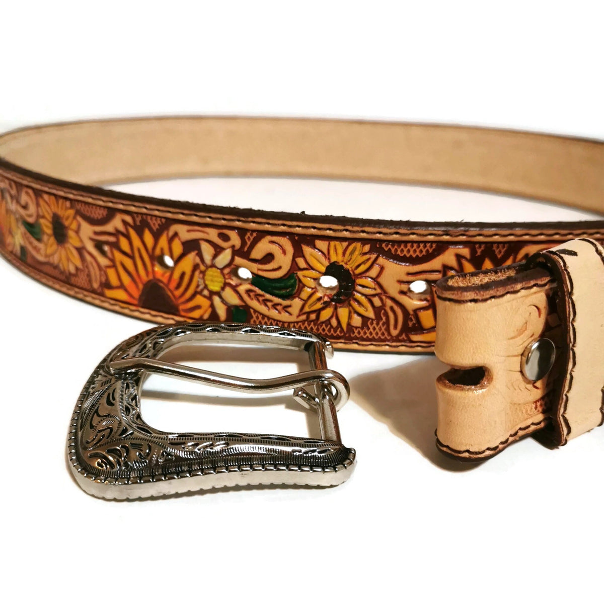 Embossed Sunflower Leather Belt for Women Western Boho Rodeo Style, Personalized