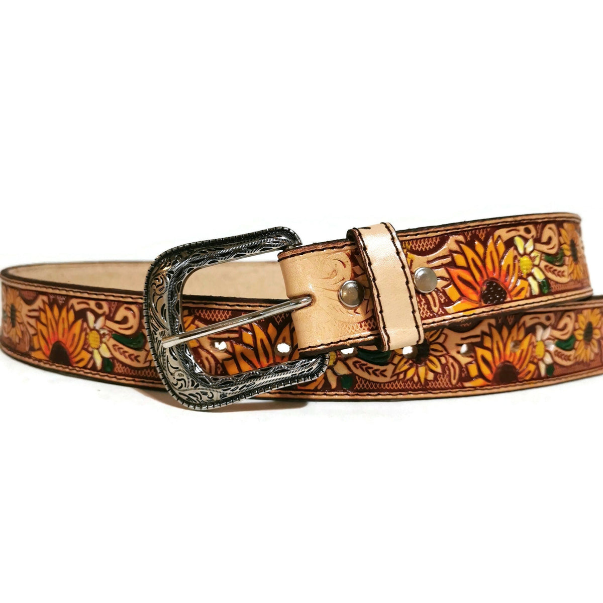 Embossed Sunflower Leather Belt for Women Western Boho Rodeo Style, Personalized