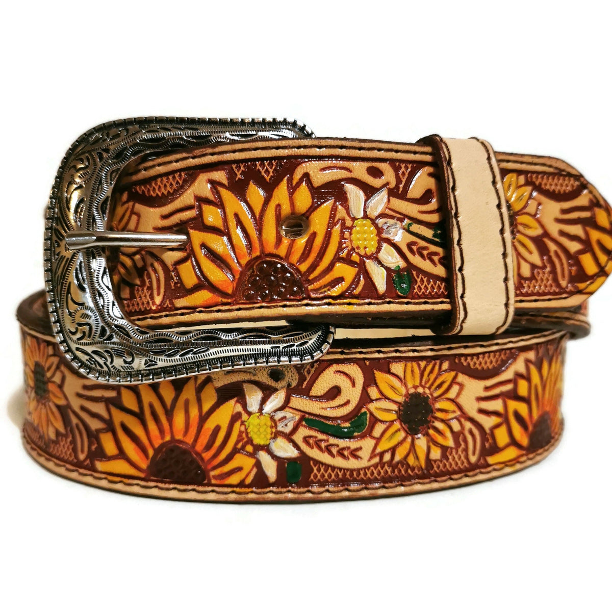 Embossed Sunflower Leather Belt for Women Western Boho Rodeo Style, Personalized