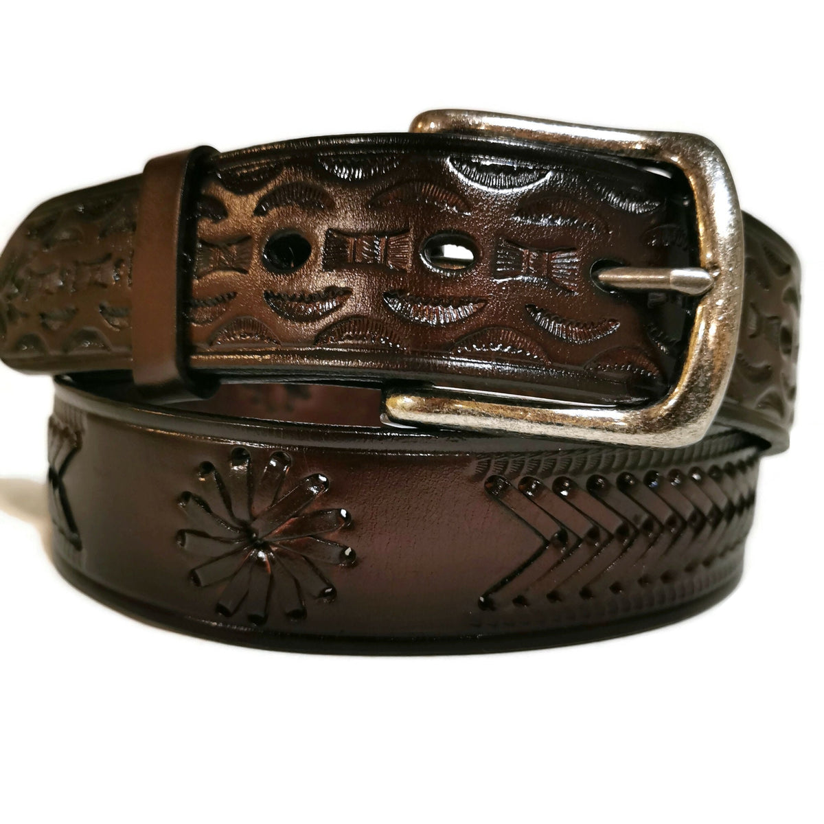 Brown Belt for Men, Rodeo Western Cowboy,  Braided , Hand-tooled leather, With Removable Buckle