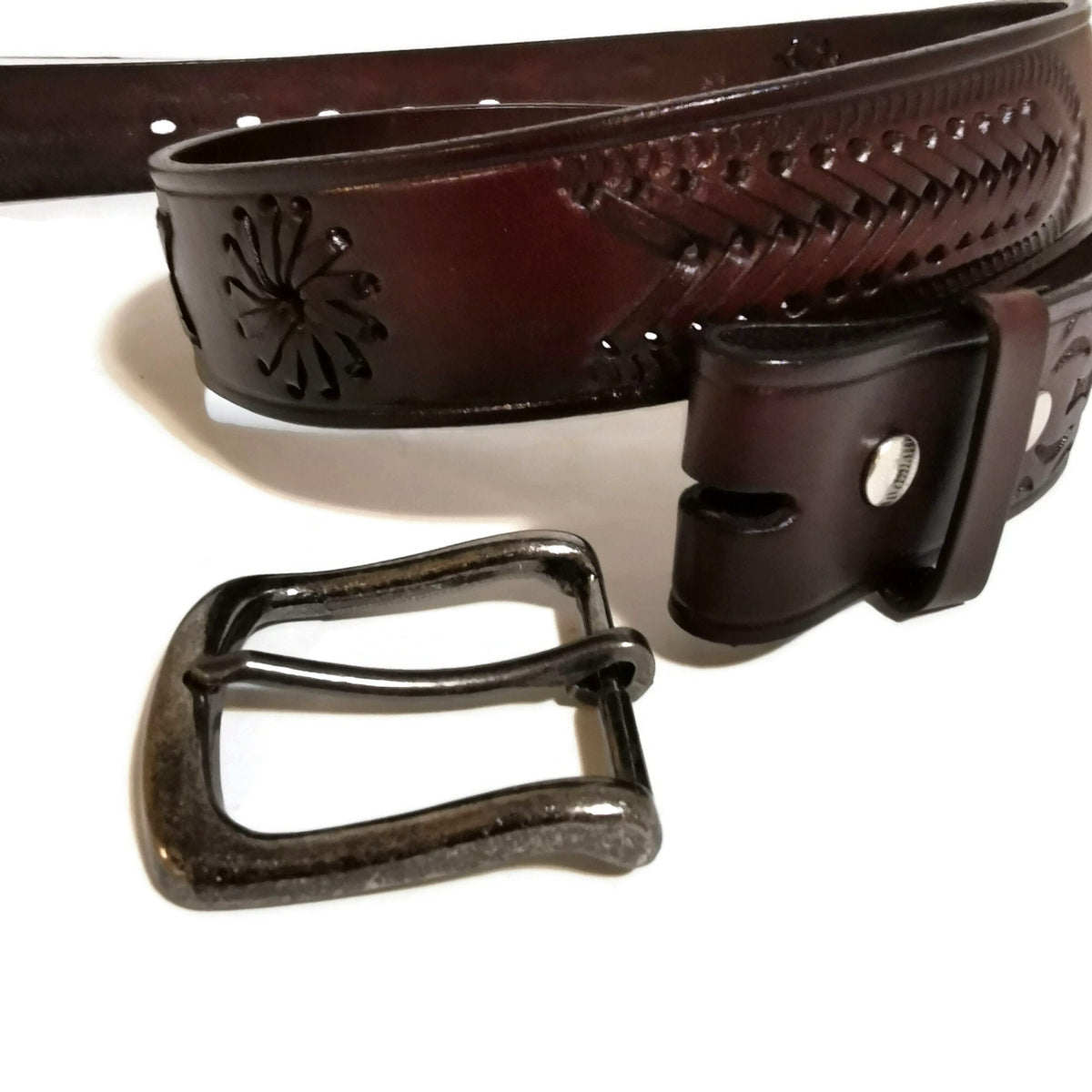 Brown Belt for Men, Rodeo Western Cowboy,  Braided , Hand-tooled leather, With Removable Buckle