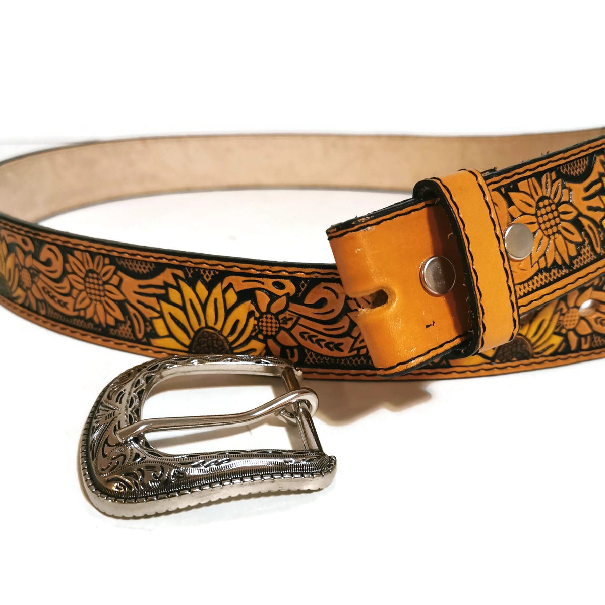Personalized Sunflower Leather Belt for Women, Brown Embossed Cowgirl Western Belt
