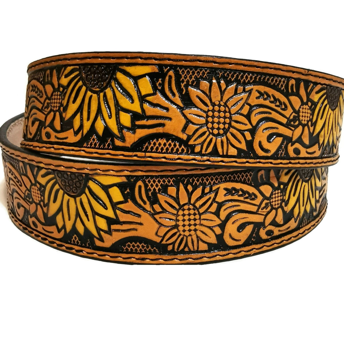 Personalized Sunflower Leather Belt for Women, Brown Embossed Cowgirl Western Belt