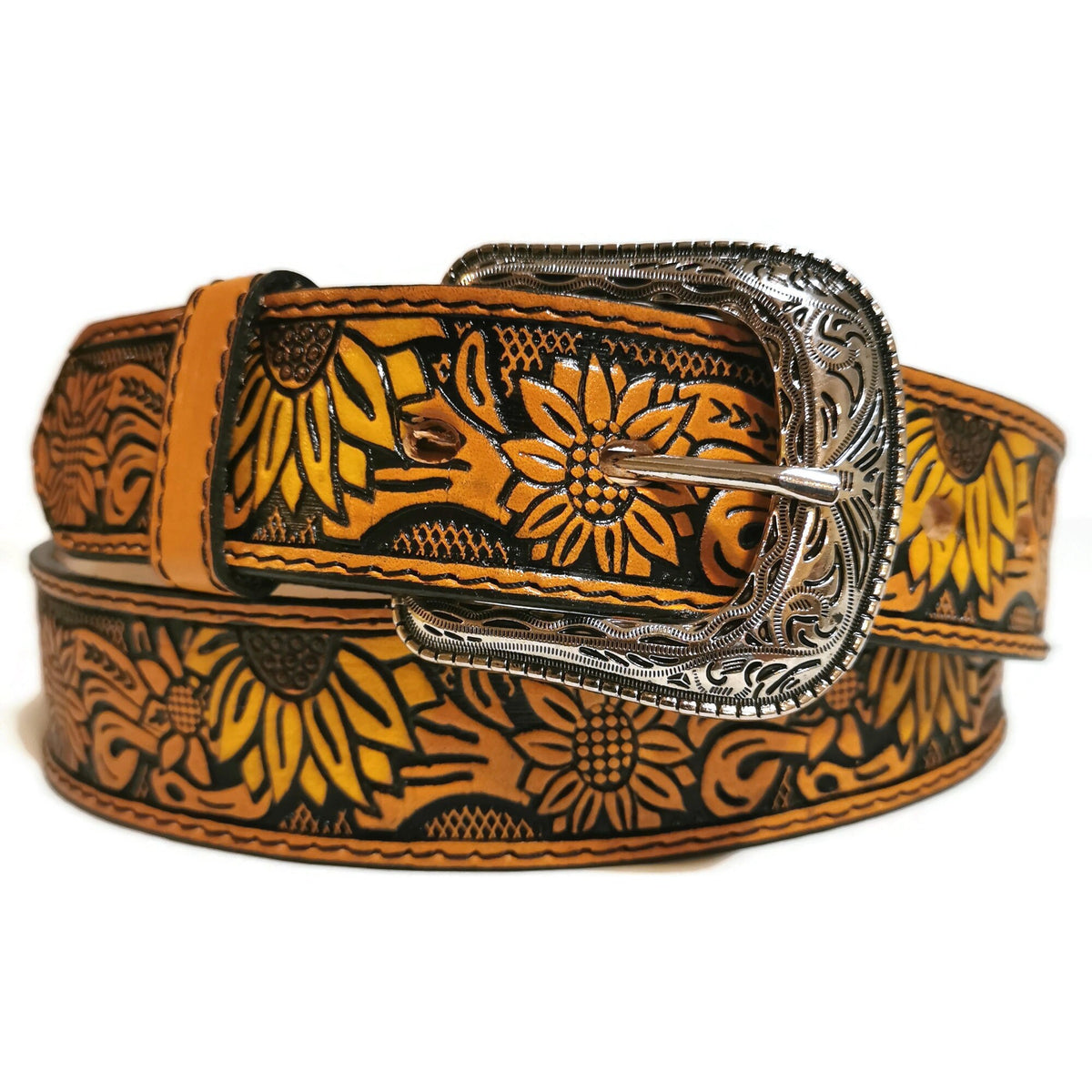 Personalized Sunflower Leather Belt for Women, Brown Embossed Cowgirl Western Belt