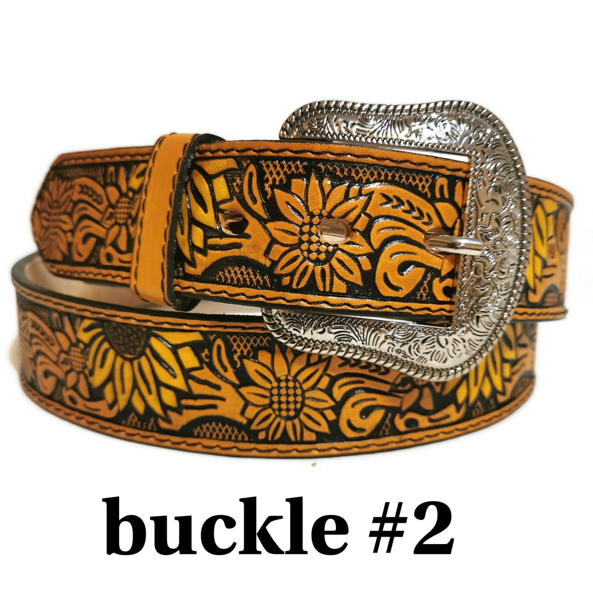 Personalized Sunflower Leather Belt for Women, Brown Embossed Cowgirl Western Belt