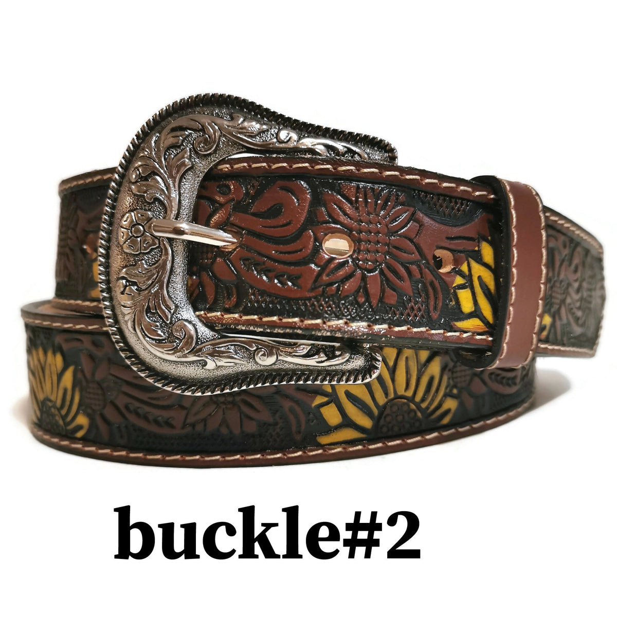 Personalized Sunflower Leather Belt for Women ,Embossed Cowhide, Bohemian Western Rodeo