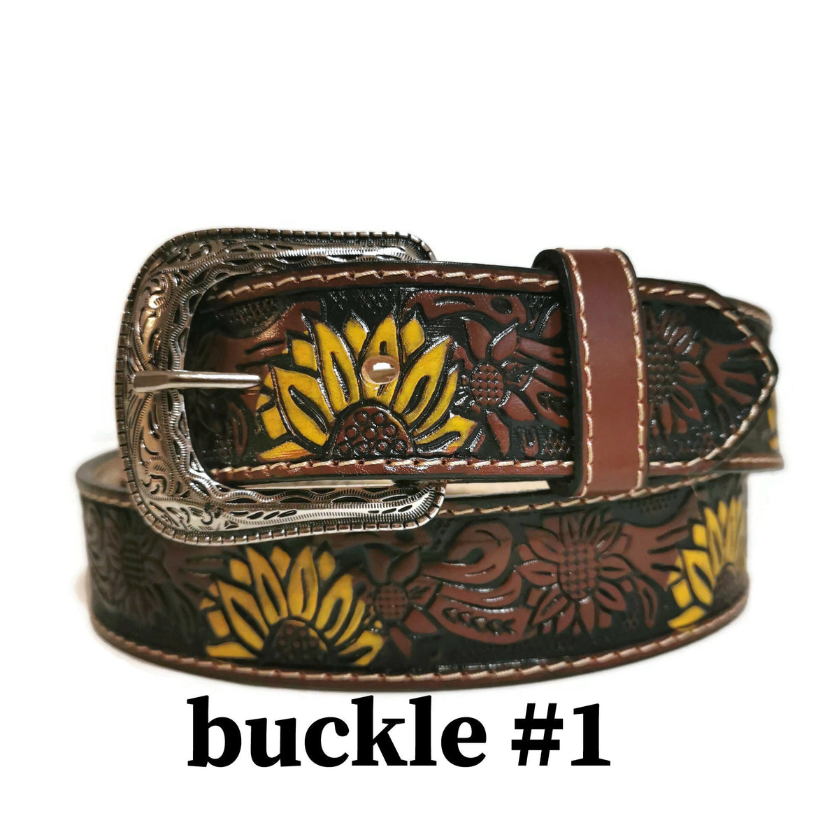 Personalized Sunflower Leather Belt for Women ,Embossed Cowhide, Bohemian Western Rodeo