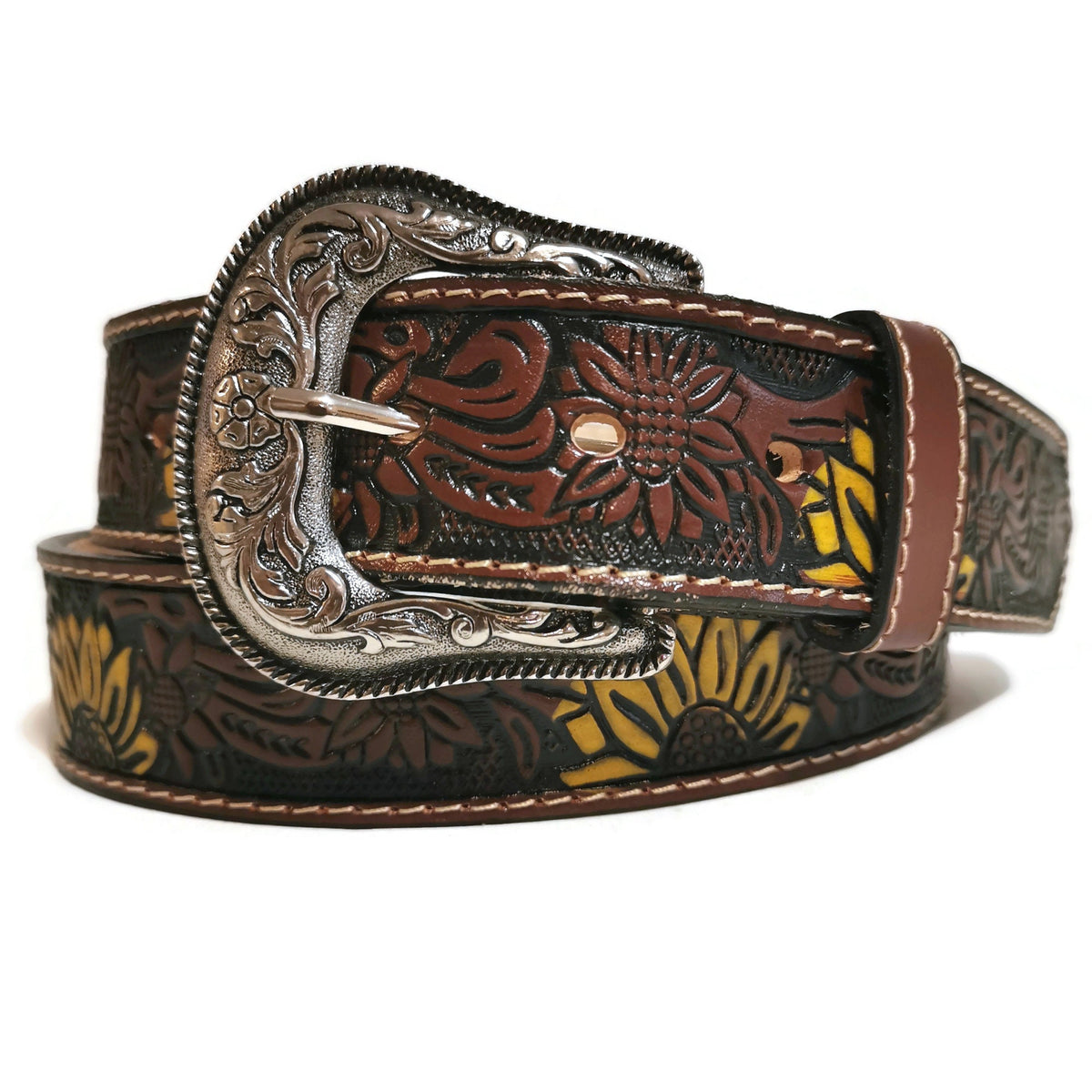 Personalized Sunflower Leather Belt for Women ,Embossed Cowhide, Bohemian Western Rodeo