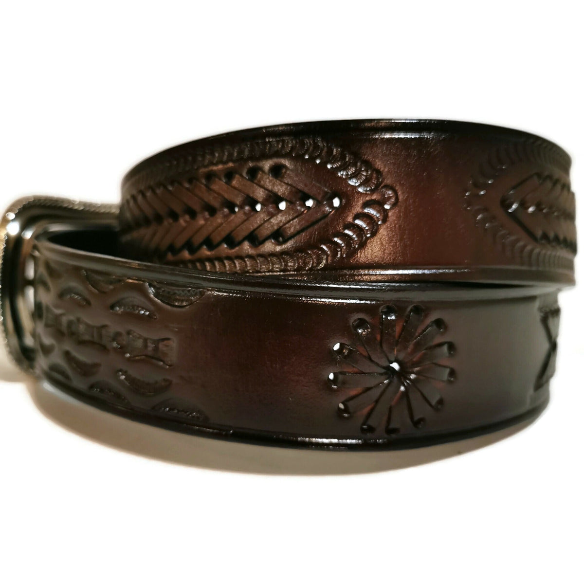 Brown Belt for Men, Rodeo Western Cowboy,  Braided , Hand-tooled leather, With Removable Buckle