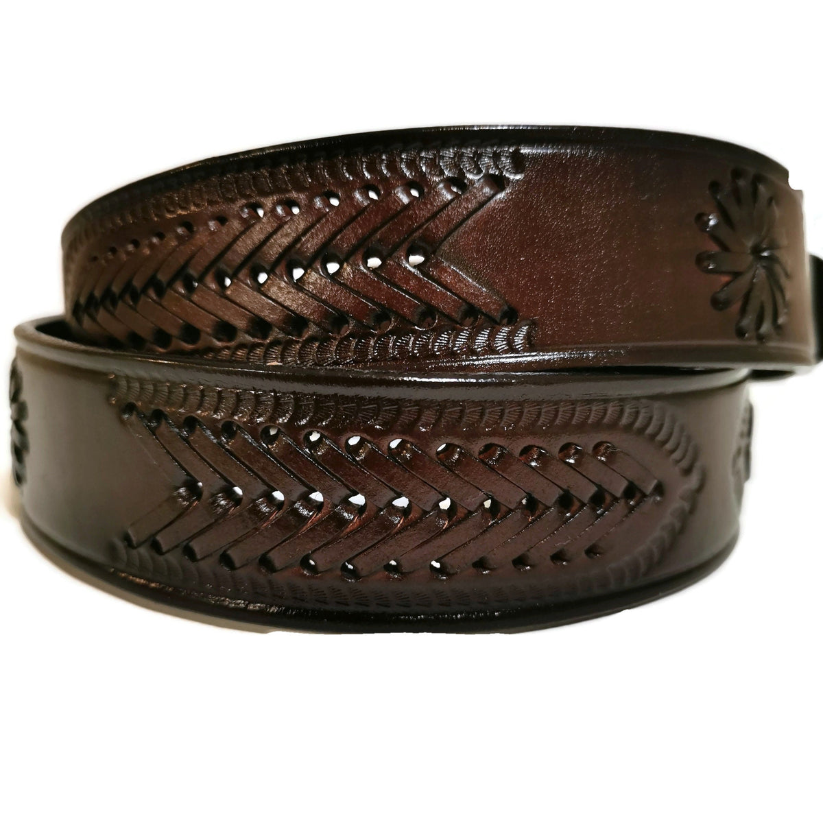 Brown Belt for Men, Rodeo Western Cowboy,  Braided , Hand-tooled leather, With Removable Buckle