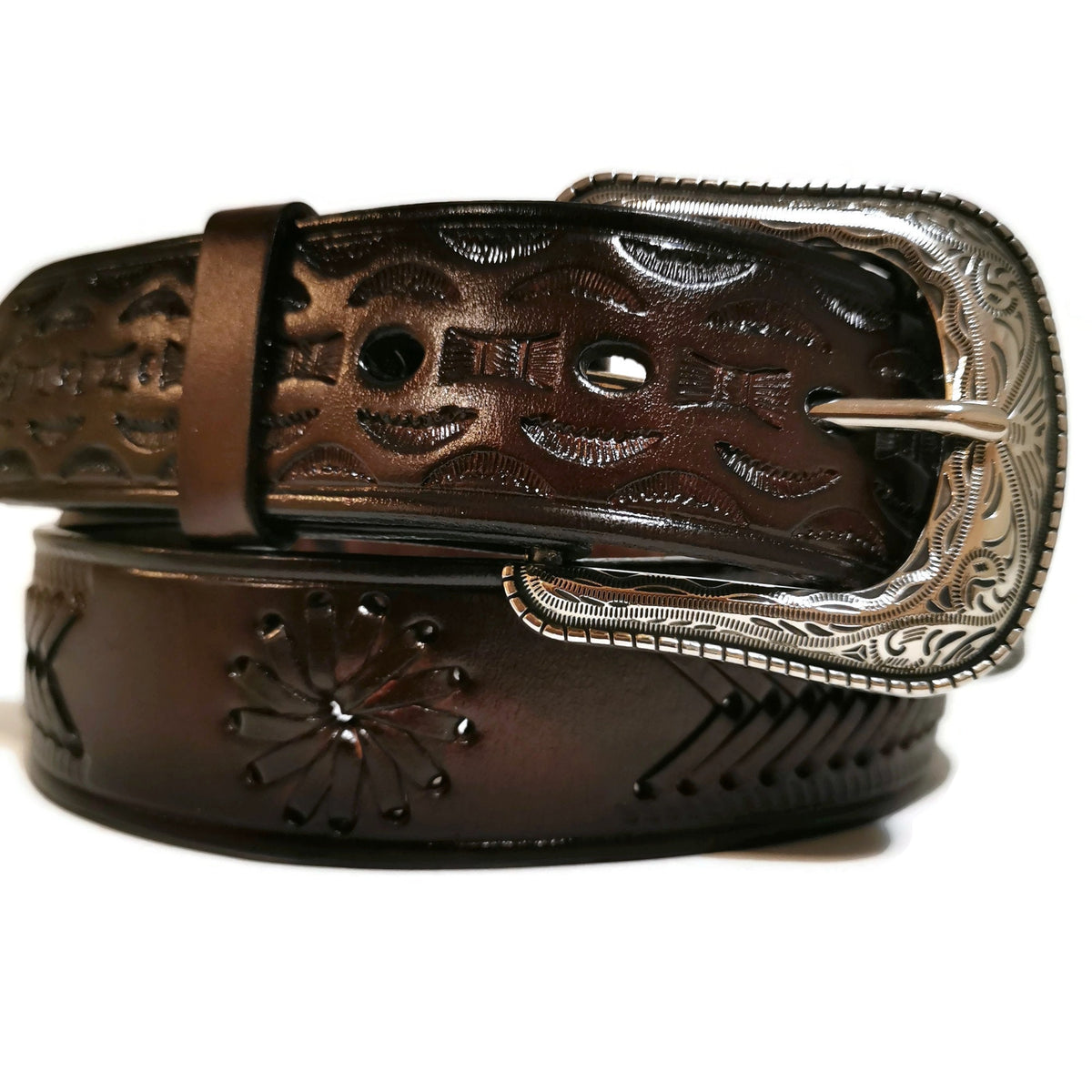Brown Belt for Men, Rodeo Western Cowboy,  Braided , Hand-tooled leather, With Removable Buckle