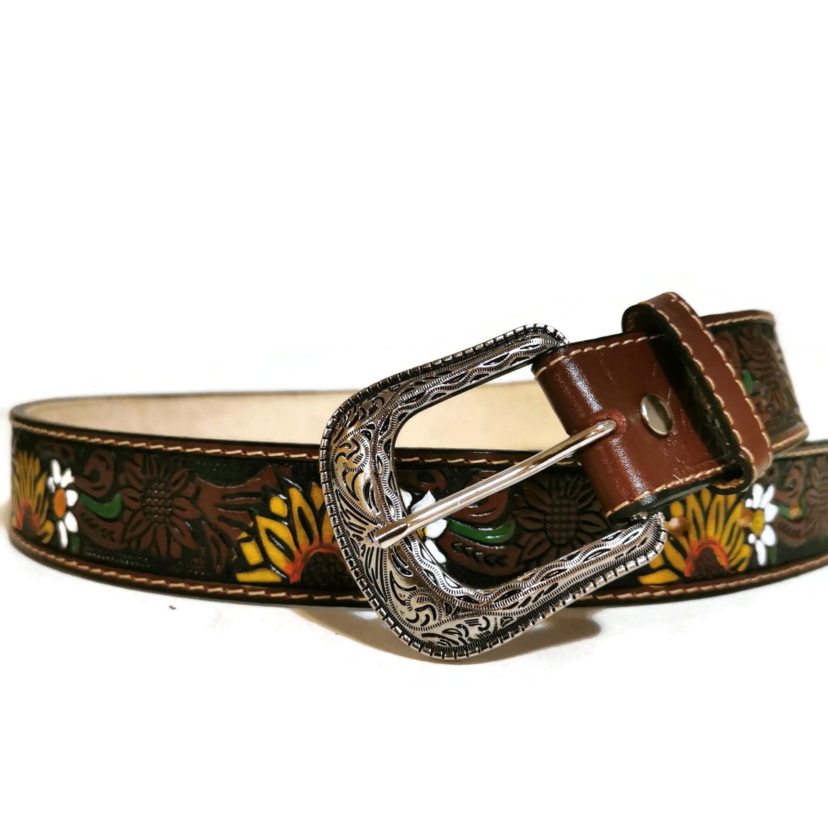 Boho Sunflower Embossed Leather Belt: Removable Buckle, Western Style, Personalized