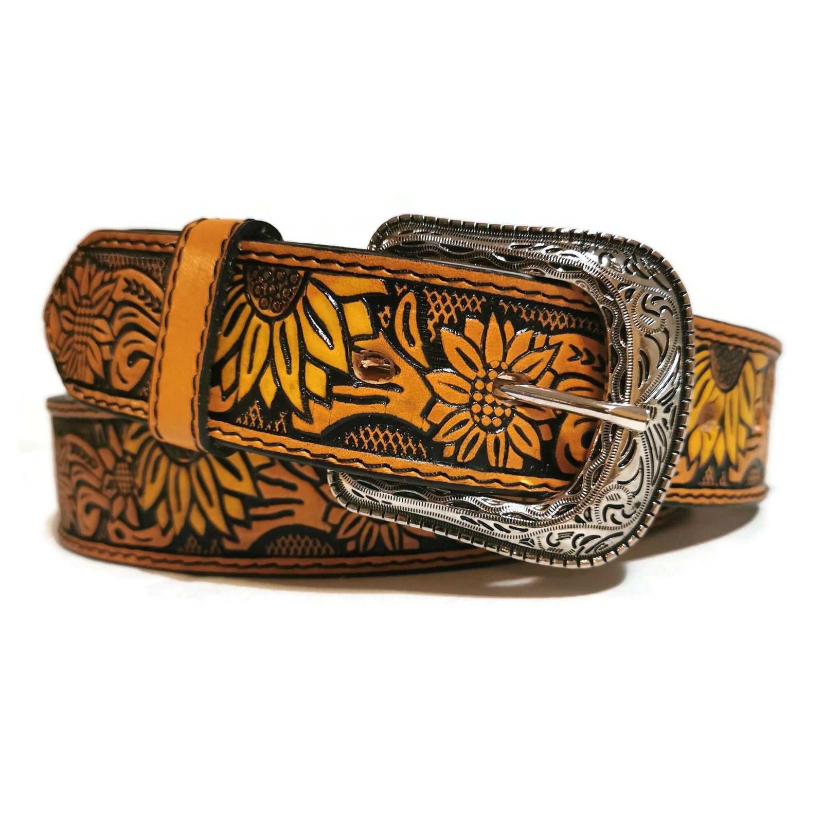 Sunflower Leather Belt for Women, Brown Embossed Cowgirl Western Belt