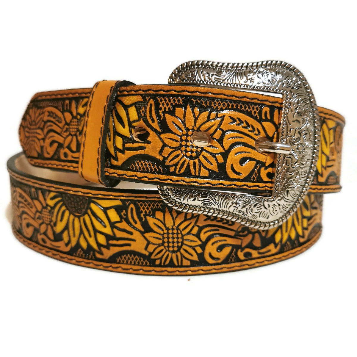 Personalized Sunflower Leather Belt for Women, Brown Embossed Cowgirl Western Belt