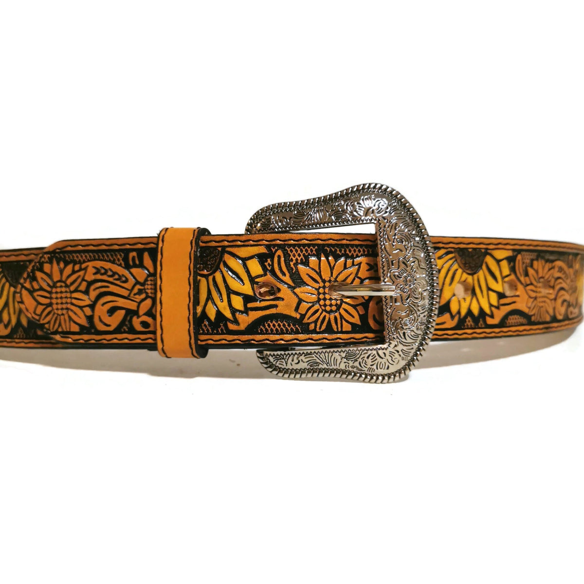 Personalized Sunflower Leather Belt for Women, Brown Embossed Cowgirl Western Belt